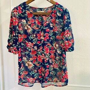 Anthropologie Skies Are Blue Mayven
V-Neck Blouse Navy Floral Sz L